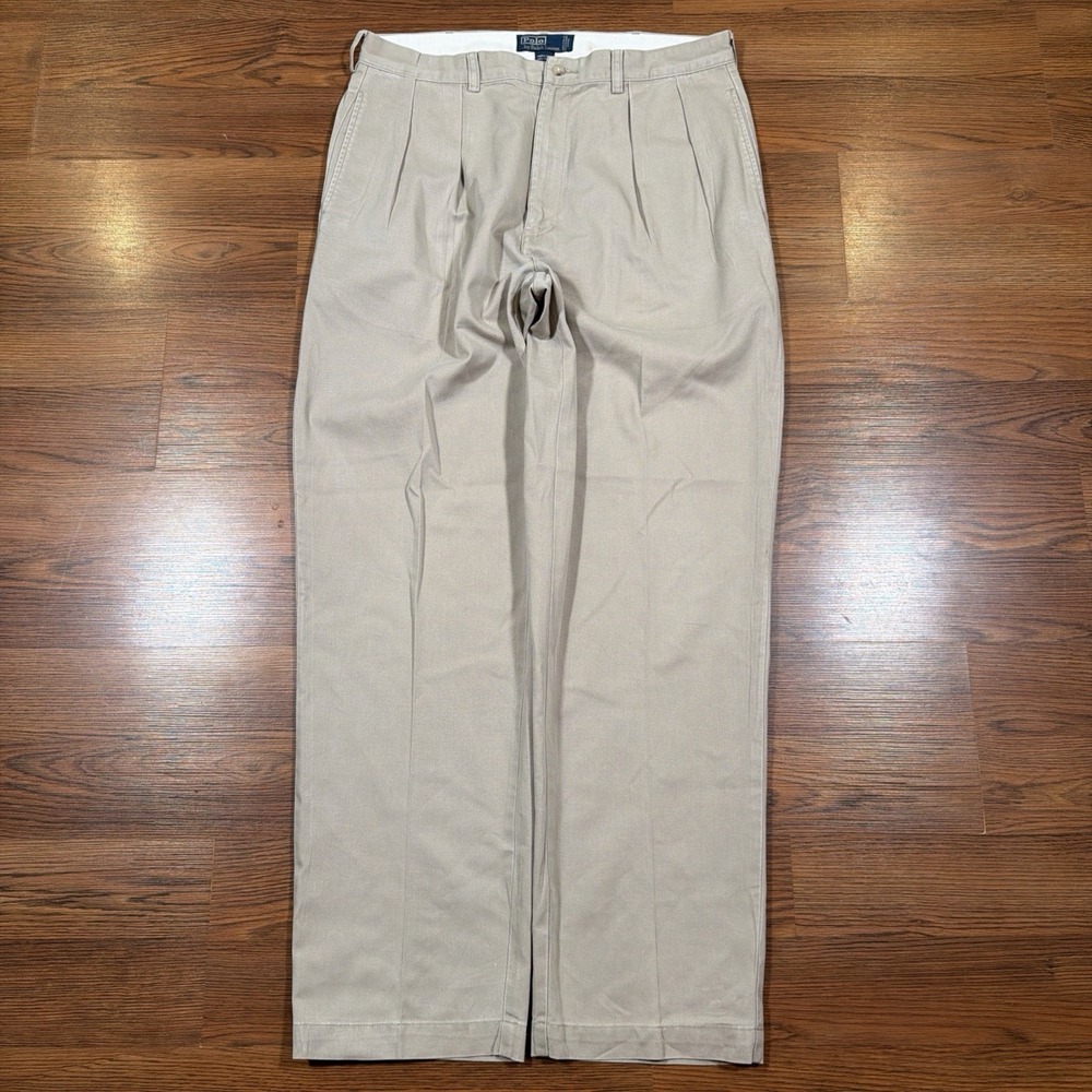 Vtg Polo Ralph Lauren Andrew Pants Mens 36x32 Khaki Classic Chino Pleated Cotton